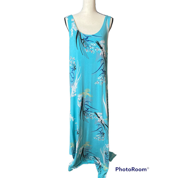 Joan Vass Maxi Dress in Blue Green with Tropical Floral Print Size XL - Picture 1 of 7